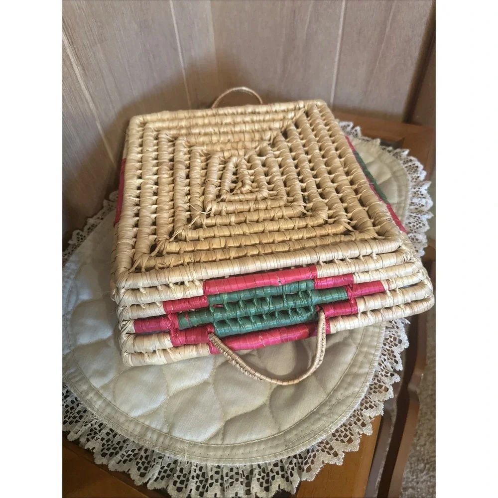 handmade vintage woven grass or palm tray‎ basket
